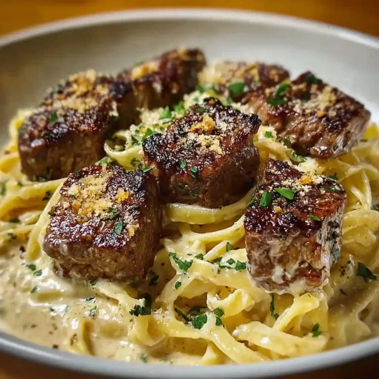 Cheesy Garlic Steak Bites over Creamy Linguine Pasta
