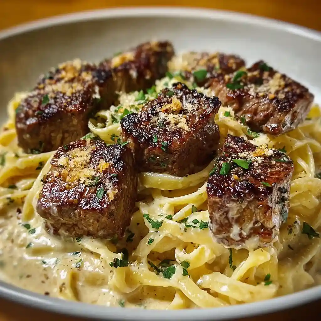 Cheesy Garlic Steak Bites over Creamy Linguine Pasta