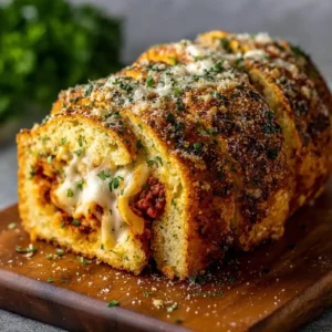 Cheesy Spaghetti & Beef Stuffed Garlic Bread Bake