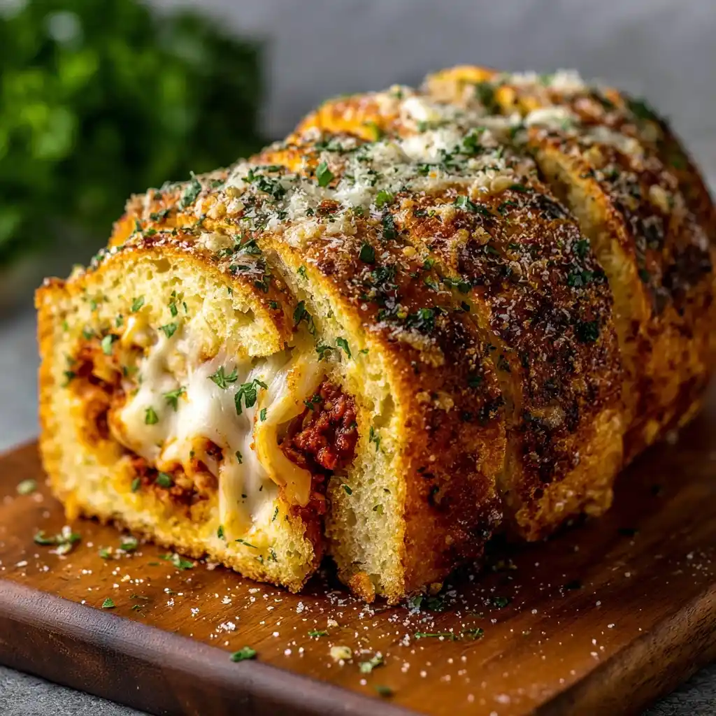 Cheesy Spaghetti & Beef Stuffed Garlic Bread Bake