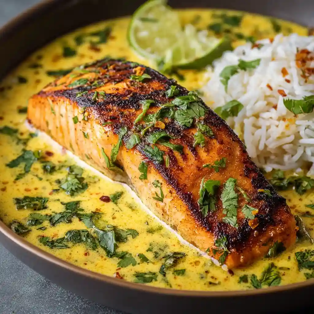 Creamy Coconut Curry Salmon with Garlic Butter