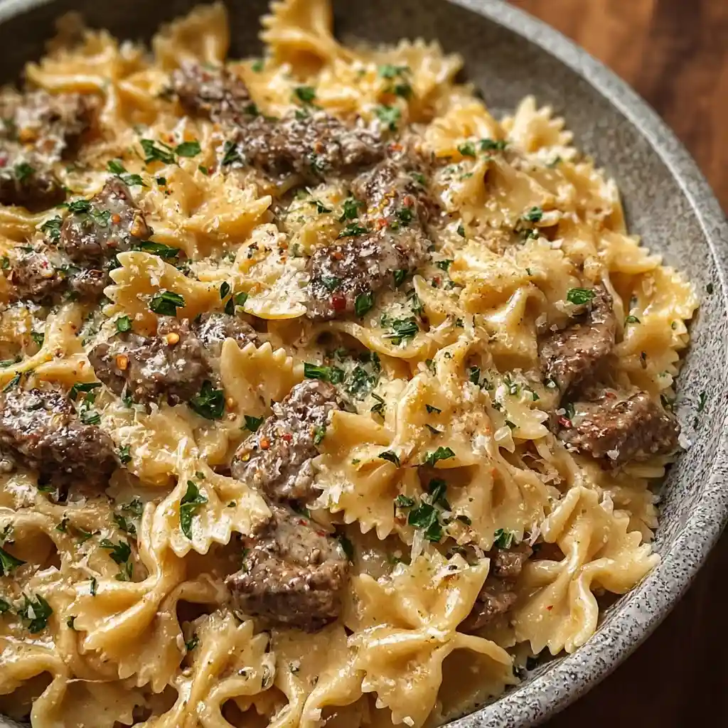 Creamy Parmesan Garlic Beef Bowtie Pasta You Need!