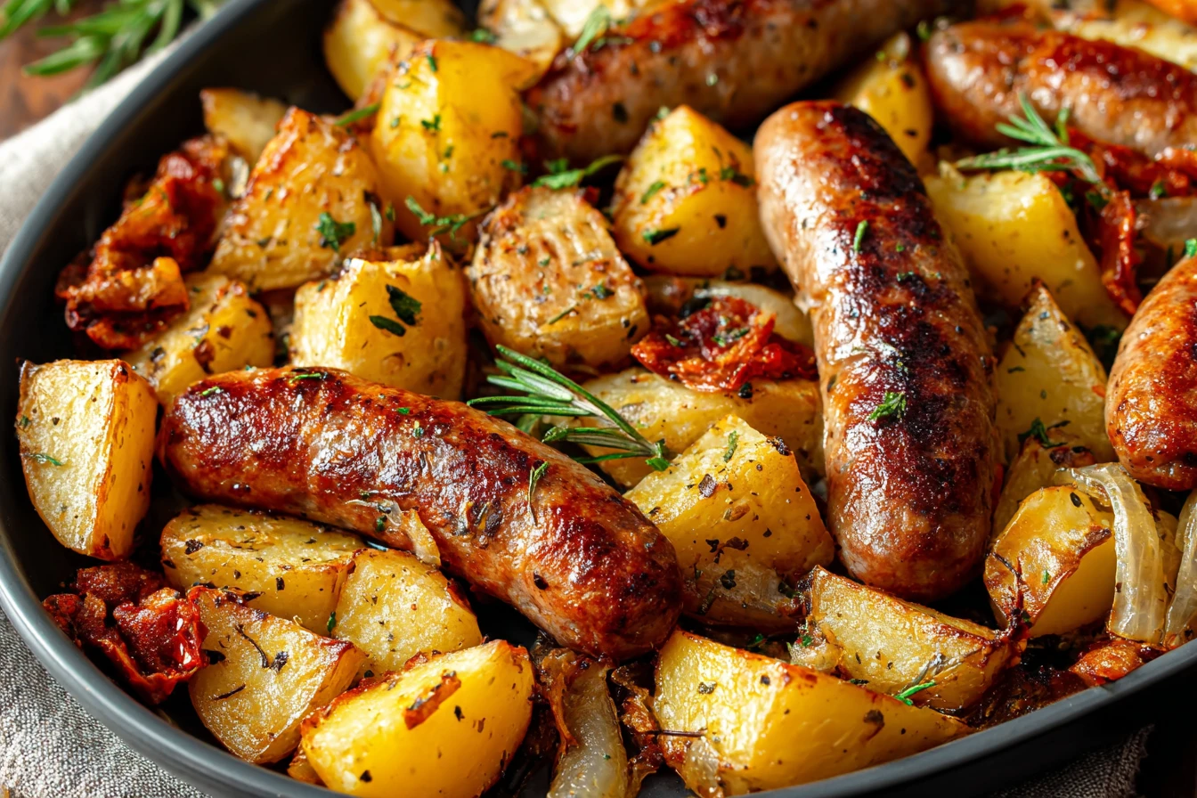Easy Sheet Pan Sausage And Potatoes Recipe Savory Sausage And Potatoes Dinner Idea One-pan Sausage Potato Meal Prep Quick ...