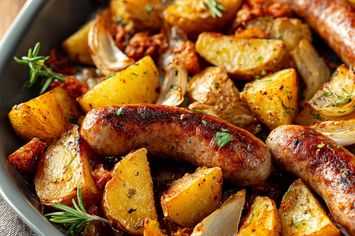 Easy Sheet Pan Sausage And Potatoes Recipe Savory Sausage And Potatoes Dinner Idea One-pan Sausage Potato Meal Prep Quick ...