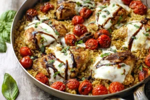 One Pan Chicken Caprese Orzo Bake Recipe Easy Chicken Caprese Orzo Bake Healthy One Pan Chicken Orzo How To Make Chicken C...