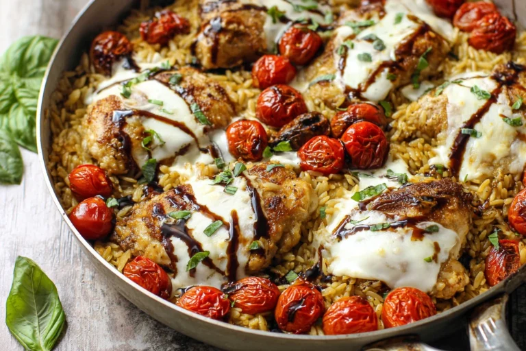 One Pan Chicken Caprese Orzo Bake Recipe Easy Chicken Caprese Orzo Bake Healthy One Pan Chicken Orzo How To Make Chicken C...