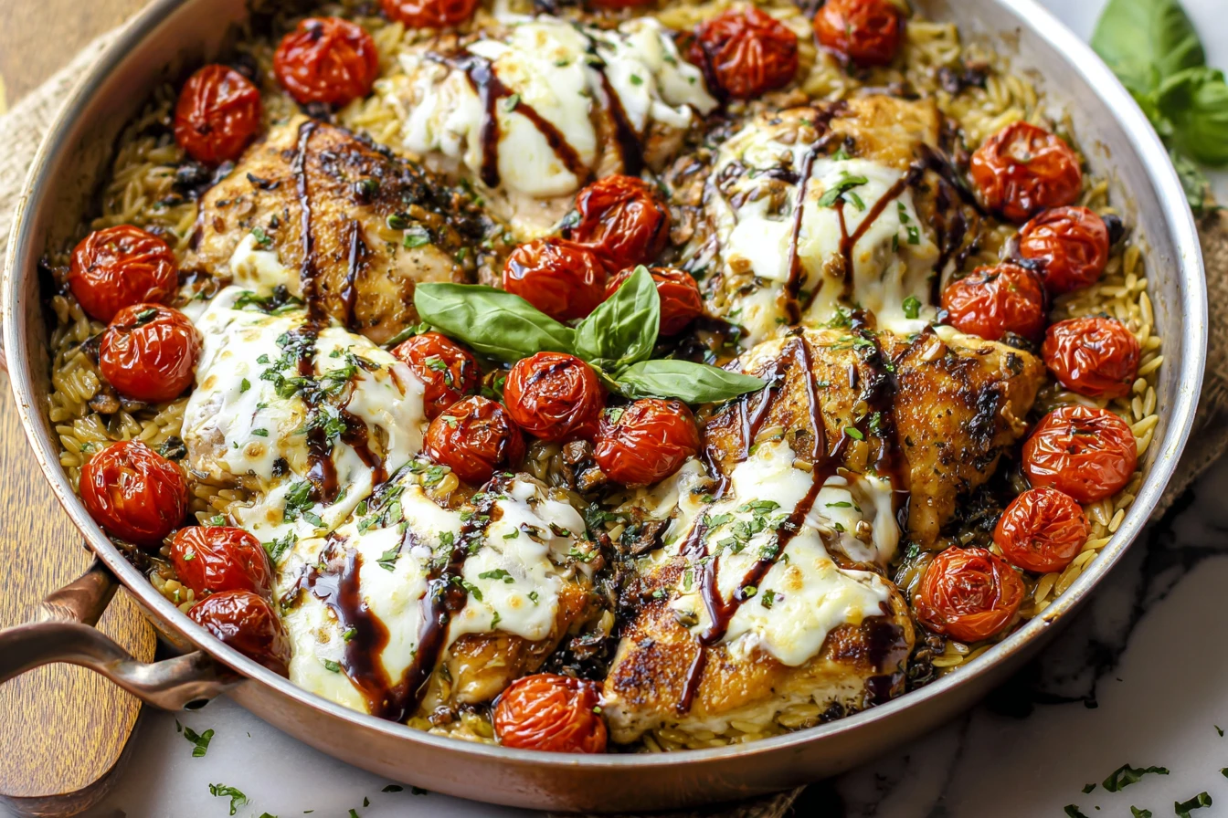 One Pan Chicken Caprese Orzo Bake Recipe Easy Chicken Caprese Orzo Bake Healthy One Pan Chicken Orzo How To Make Chicken C...