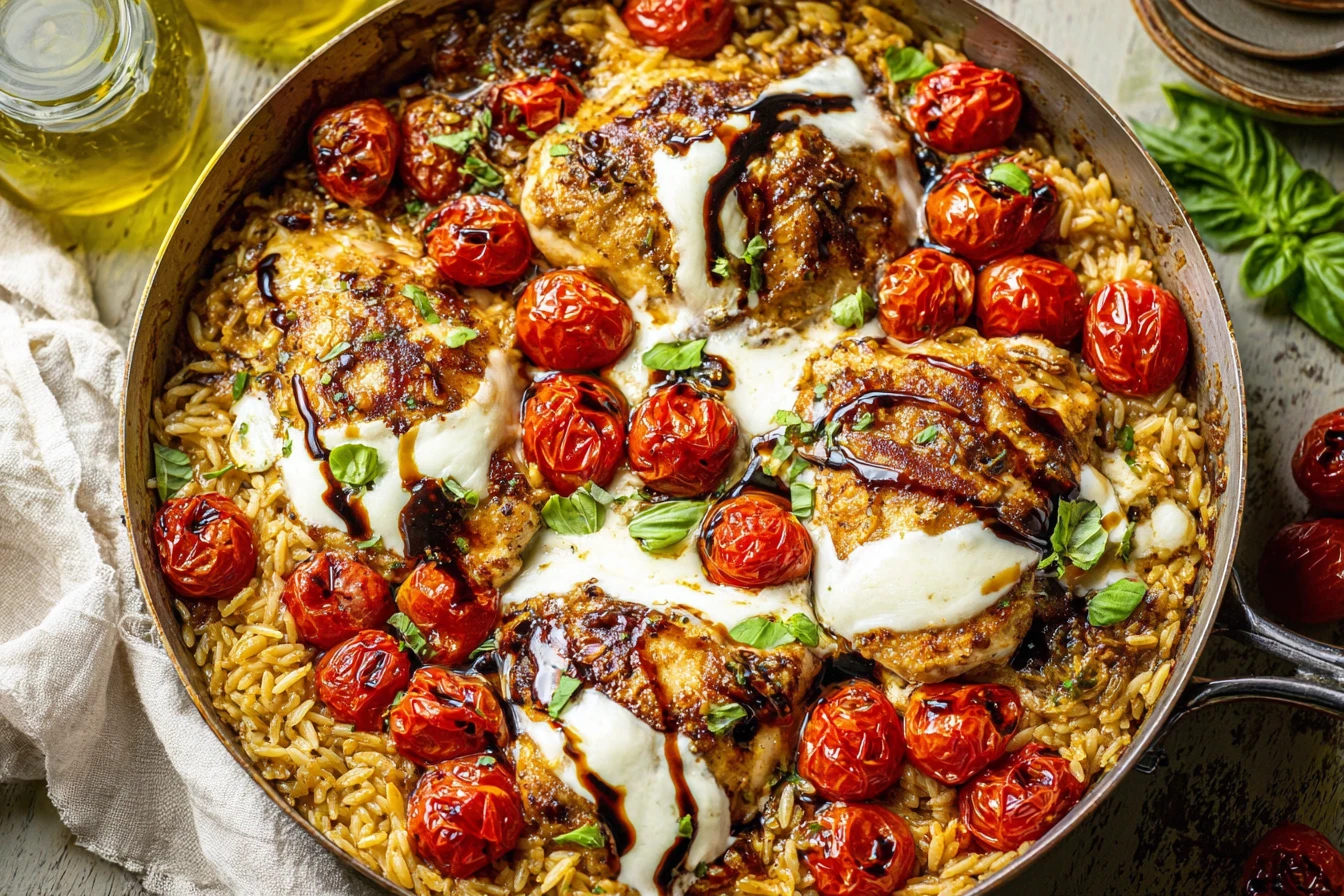 One Pan Chicken Caprese Orzo Bake Recipe Easy Chicken Caprese Orzo Bake Healthy One Pan Chicken Orzo How To Make Chicken C...