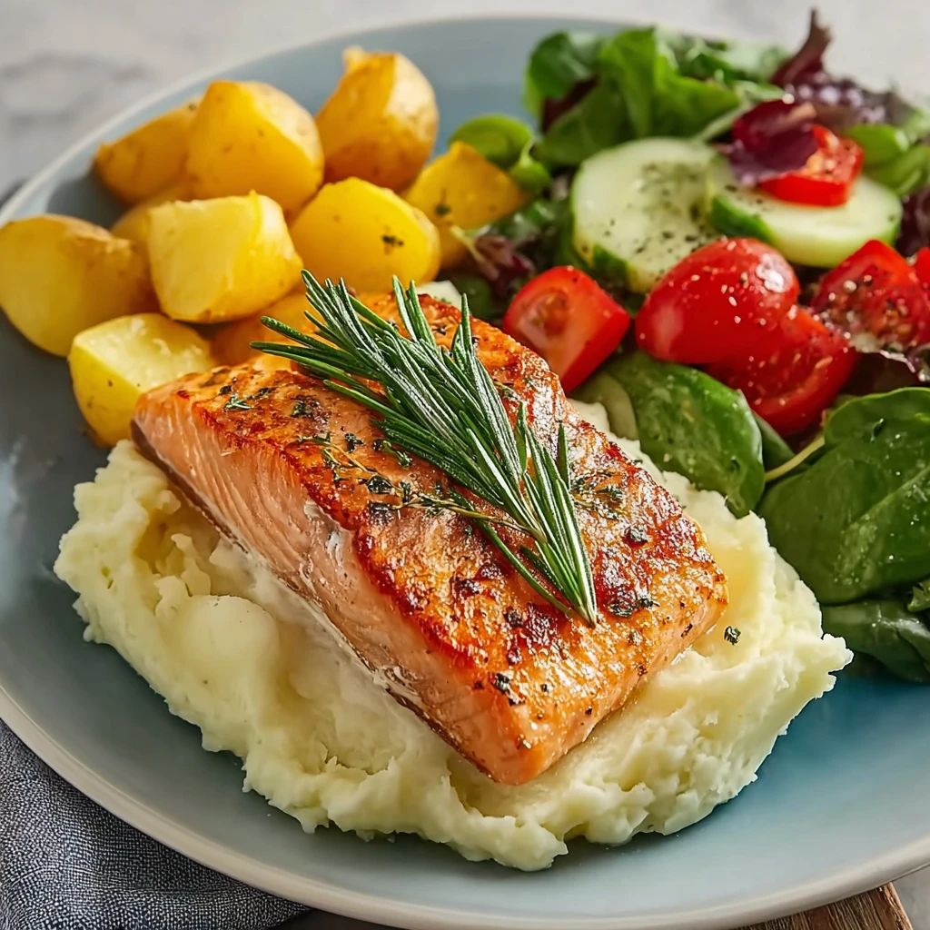Rosemary Salmon with Mashed Potatoes & Fresh Garden Salad