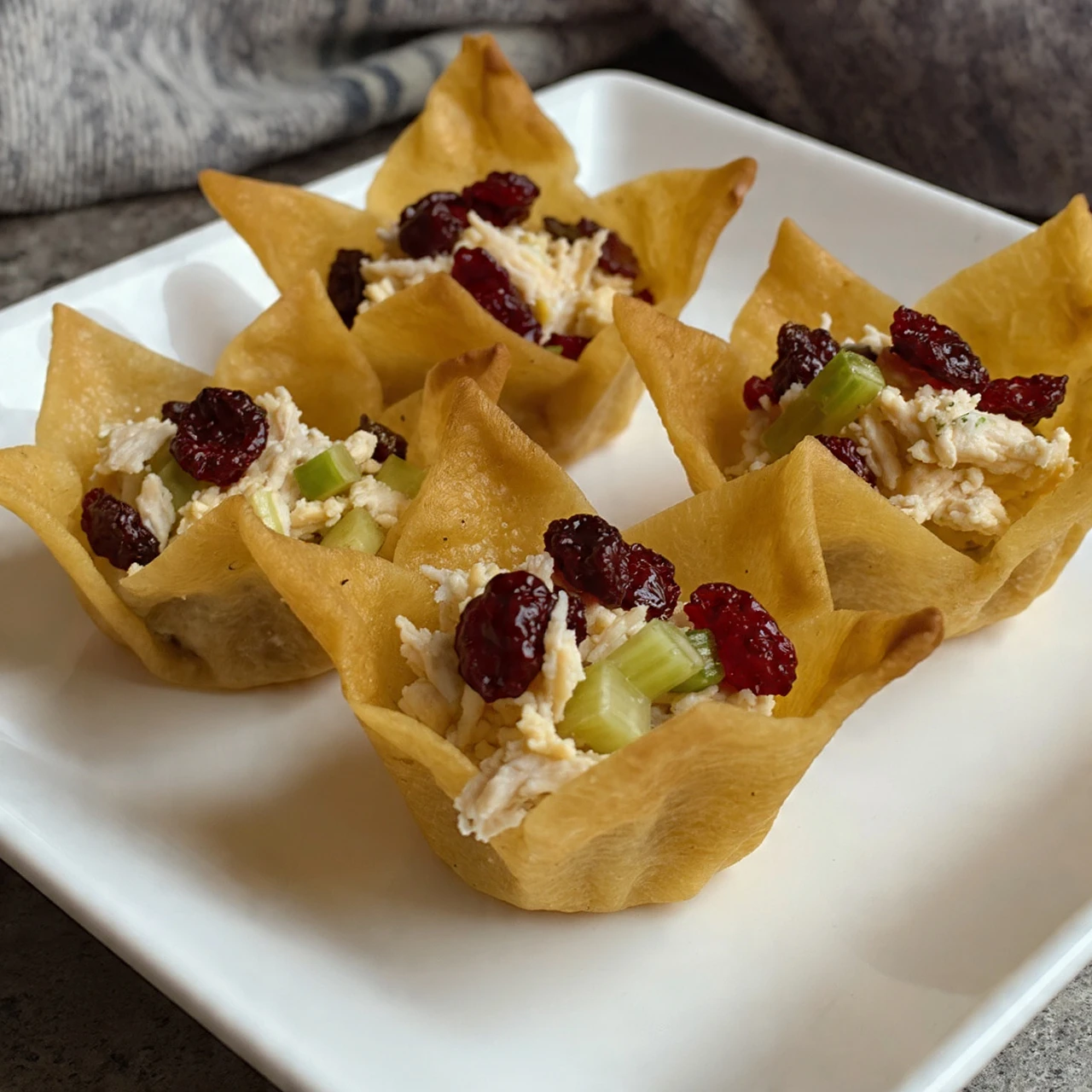 Crispy Cranberry Pecan Chicken Salad Wonton Cups