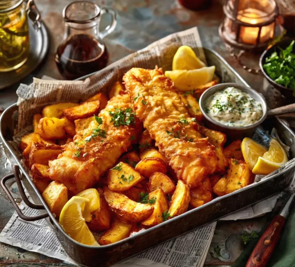 Crispy Fish & Chips Tray & Delicious Comforting Meal