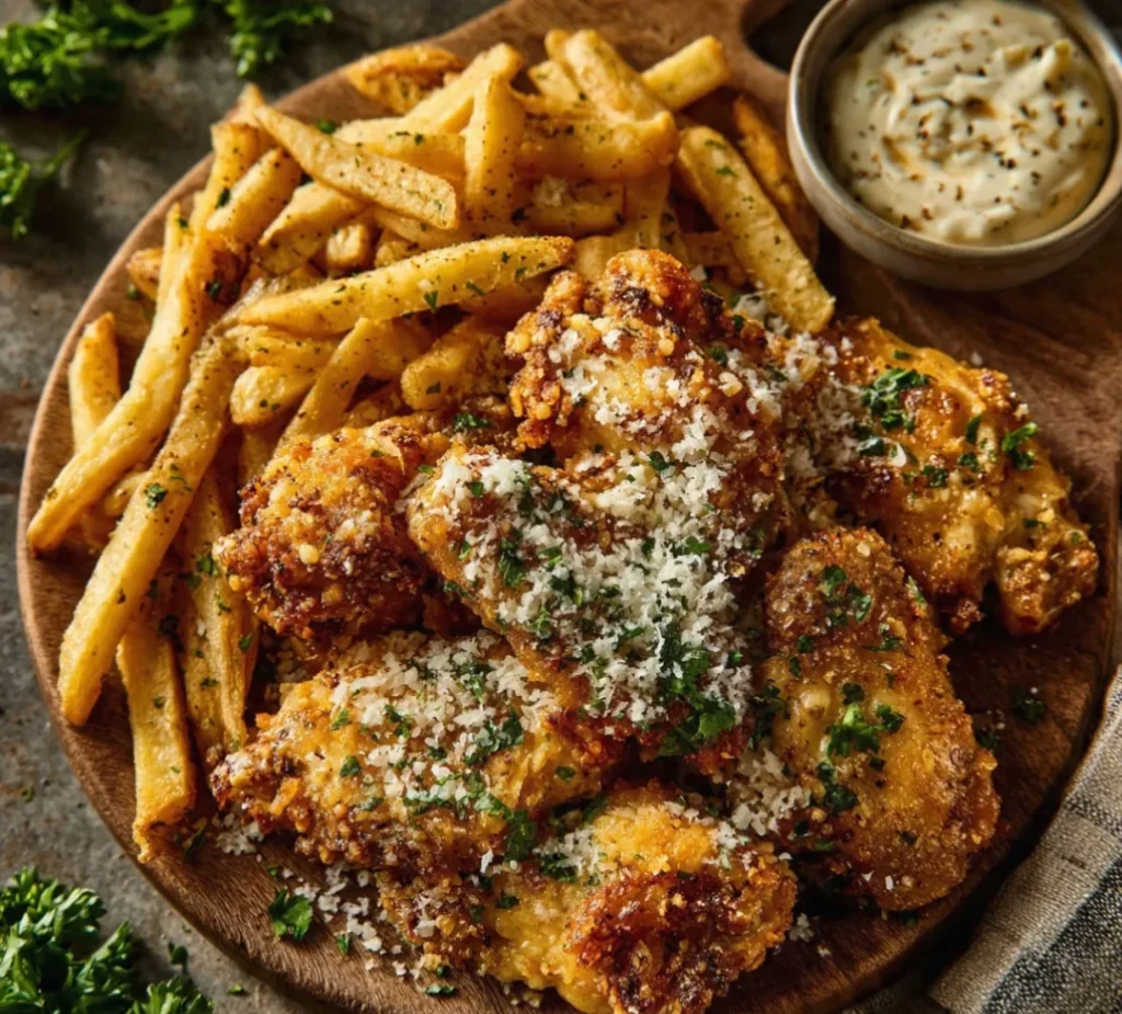 Crispy Garlic Parmesan Wings Seasoned Fries & Easy and Tasty