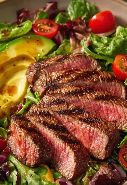 seared steak avocado salad bowl