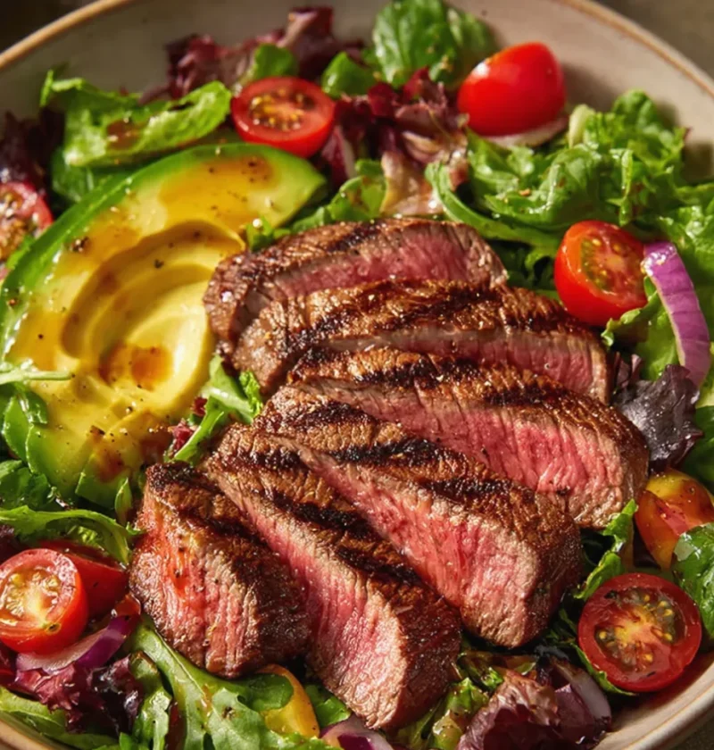 seared steak avocado salad bowl