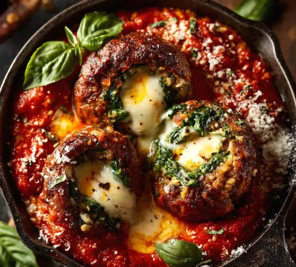 Spinach Garlic Meatballs Stuffed with Mozzarella