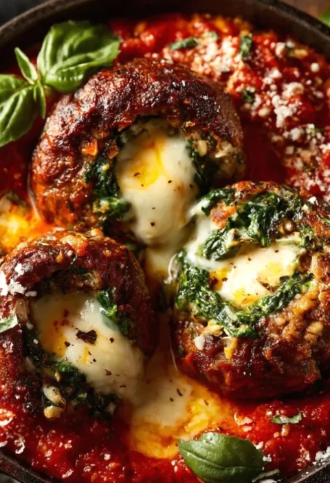 Spinach Garlic Meatballs Stuffed with Mozzarella
