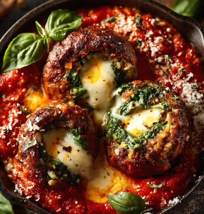 Spinach Garlic Meatballs Stuffed with Mozzarella