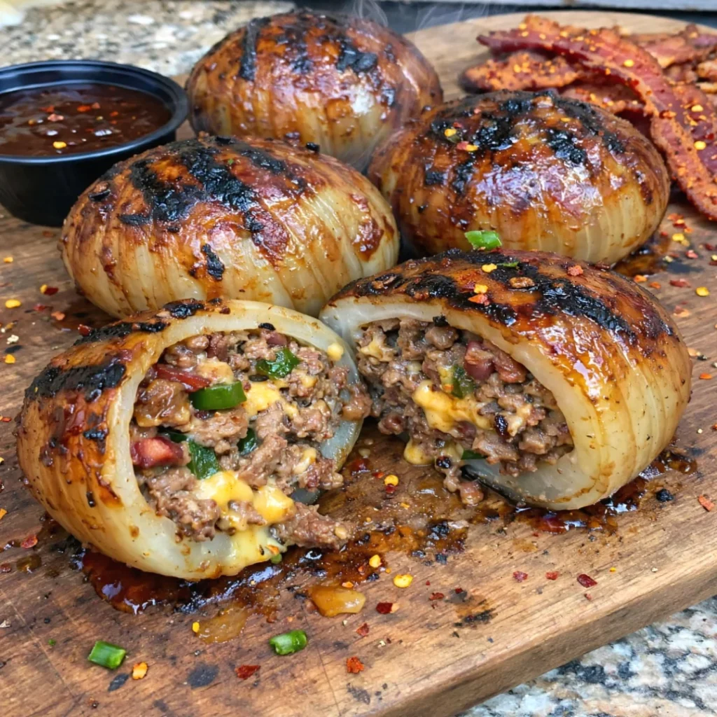 Firecracker Bacon Cheddar Cheeseburger Stuffed Onion Bombs - Firecracker Bacon Cheddar Cheeseburger Stuffed Onion Bombs