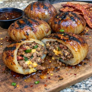 Firecracker Bacon Cheddar Cheeseburger Stuffed Onion Bombs