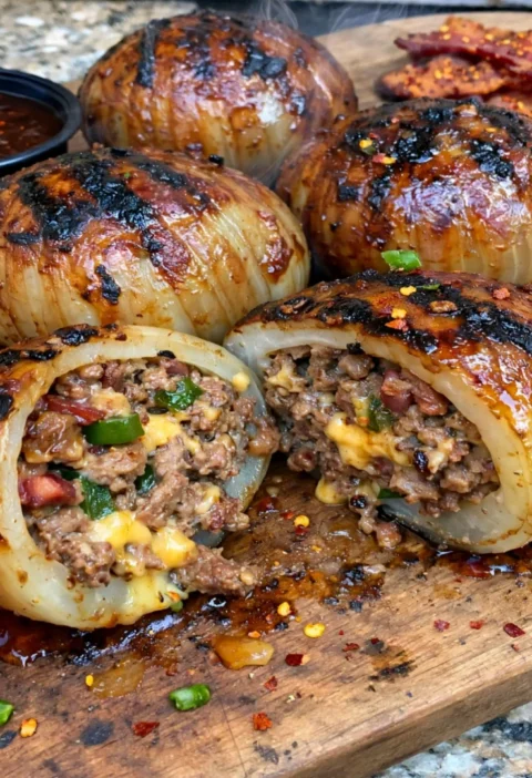 Firecracker Bacon Cheddar Cheeseburger Stuffed Onion Bombs