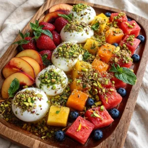 Mixed Summer Fruit & Burrata Cubes with Pistachio Crunch