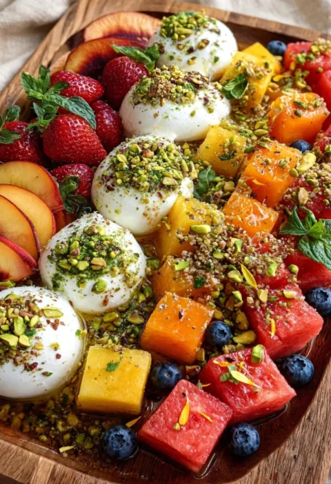 Mixed Summer Fruit & Burrata Cubes with Pistachio Crunch