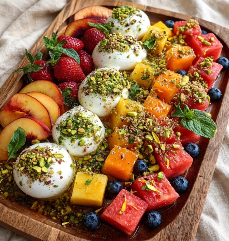 Mixed Summer Fruit & Burrata Cubes with Pistachio Crunch