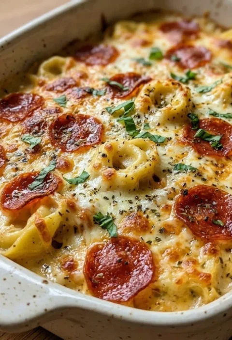 Dump and Bake Pepperoni Tortellini Alfredo