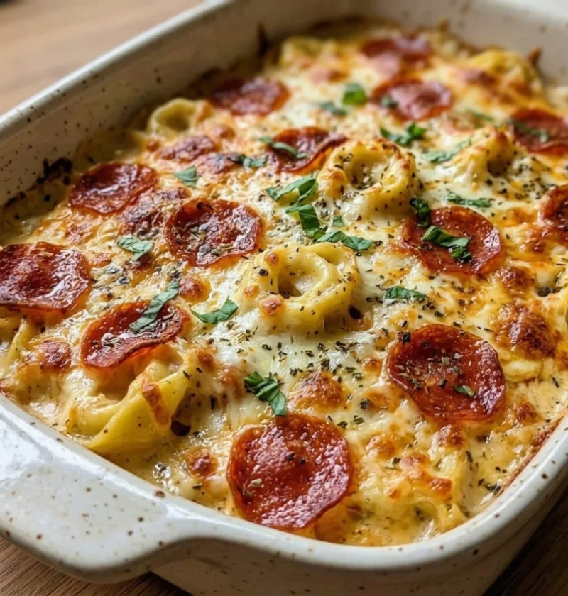Dump and Bake Pepperoni Tortellini Alfredo