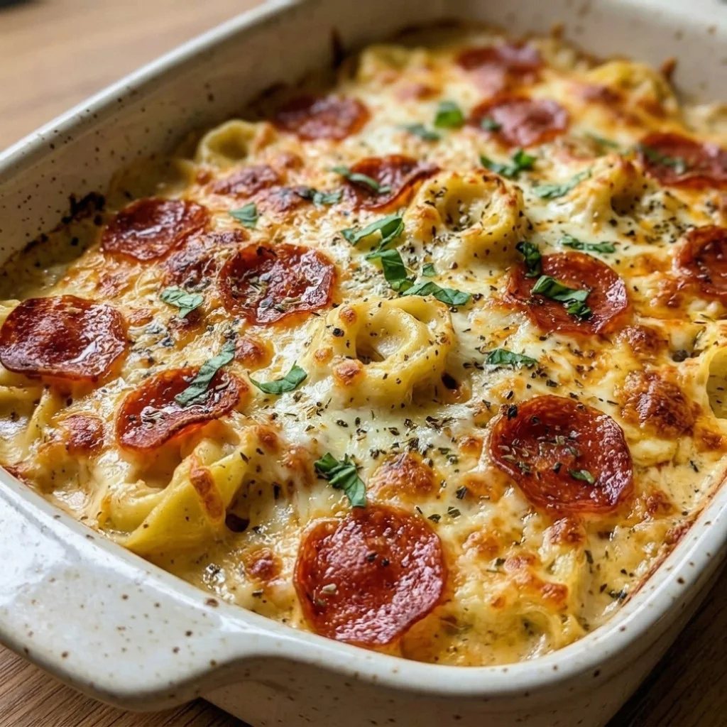 Dump and Bake Pepperoni Tortellini Alfredo