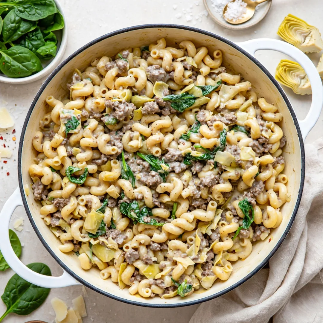 Spinach Artichoke Hamburger Pasta