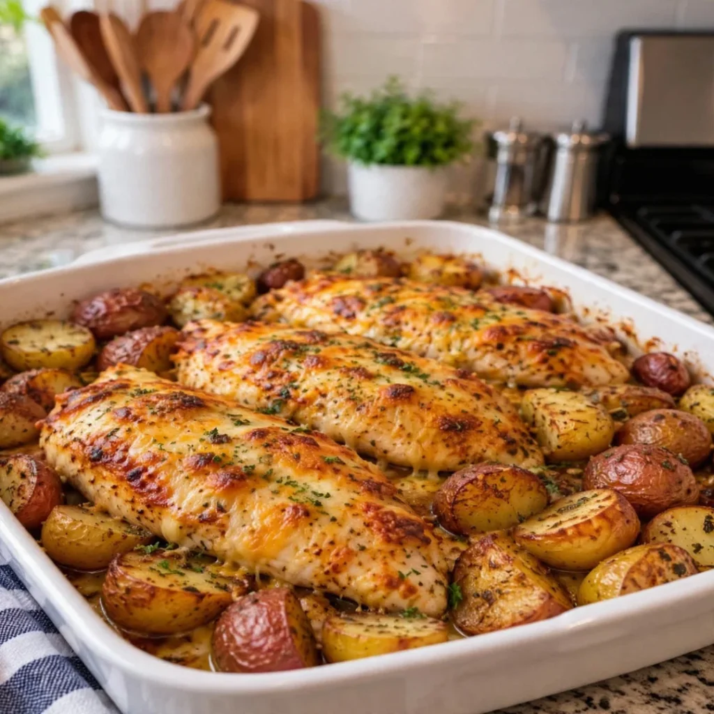 Cheesy Baked Chicken and Roasted Potatoes for Dinner Delight!