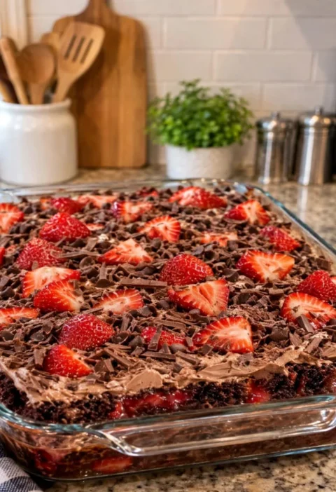 Chocolate Strawberry Fudge Poke Cake