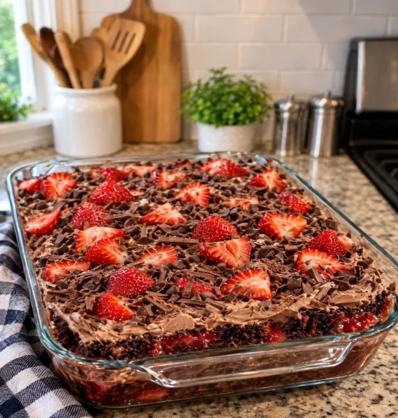 Chocolate Strawberry Fudge Poke Cake