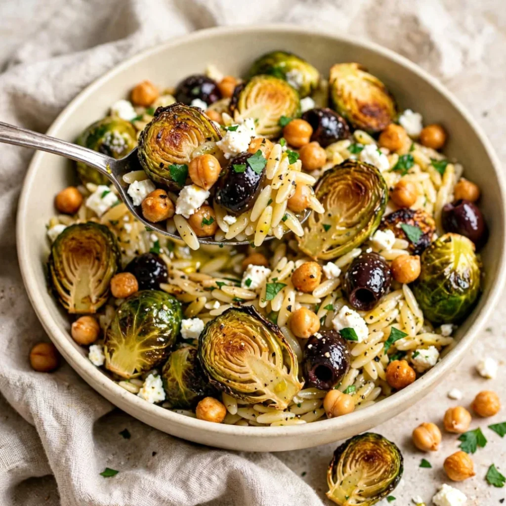 Roasted Brussels Sprouts Orzo (With Feta and Chickpeas)