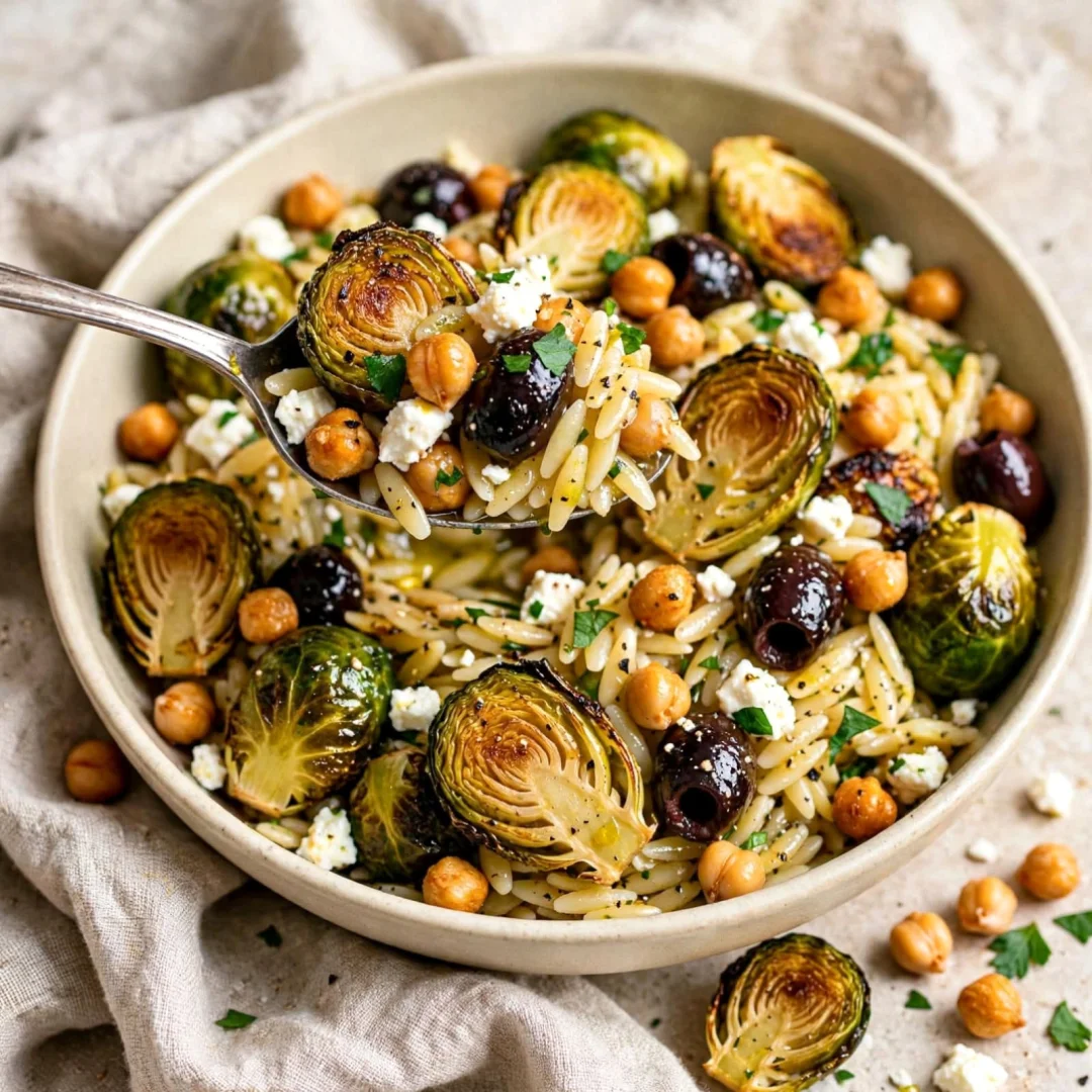 Roasted Brussels Sprouts Orzo (With Feta and Chickpeas)