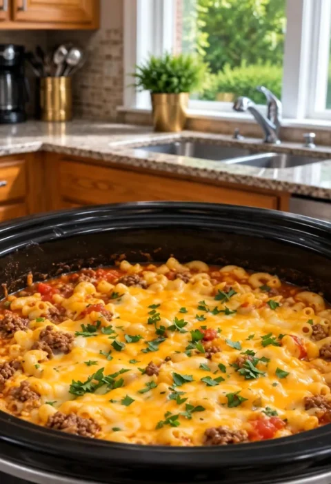 Slow Cooker Cheesy Beef & Macaroni