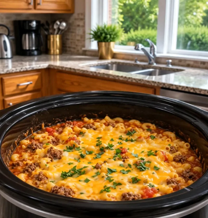 Slow Cooker Cheesy Beef & Macaroni