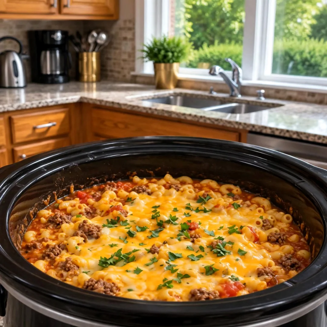 Slow Cooker Cheesy Beef & Macaroni