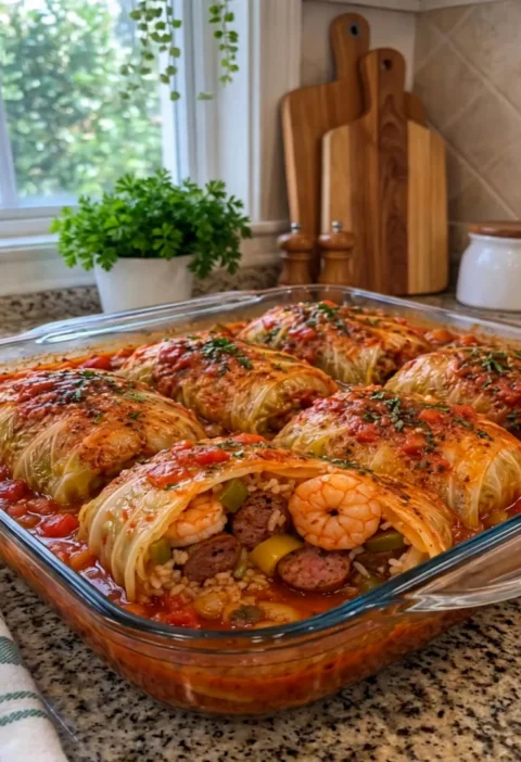 Cajun shrimp and beef sausage stuffed cabbage