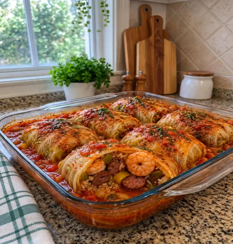 Cajun shrimp and beef sausage stuffed cabbage