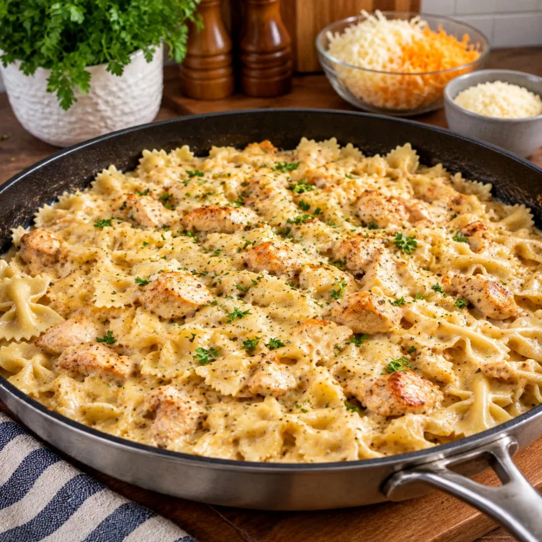 Cheesy Ranch Chicken Bowties in Creamy Parmesan Mozzarella Sauce