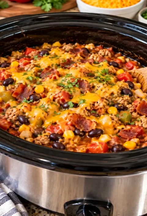 High Protein Crock Pot Cowboy Casserole