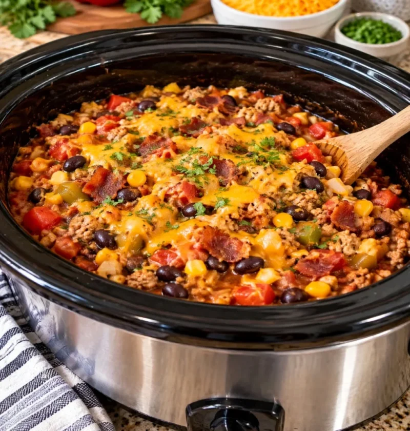 High Protein Crock Pot Cowboy Casserole